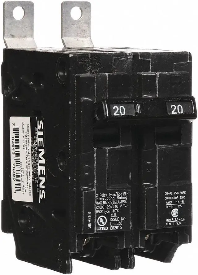 Main image of SIEMENS B220H Miniature Circuit Breaker, BL Series, 20A, 2 Pole, 120/240V AC,