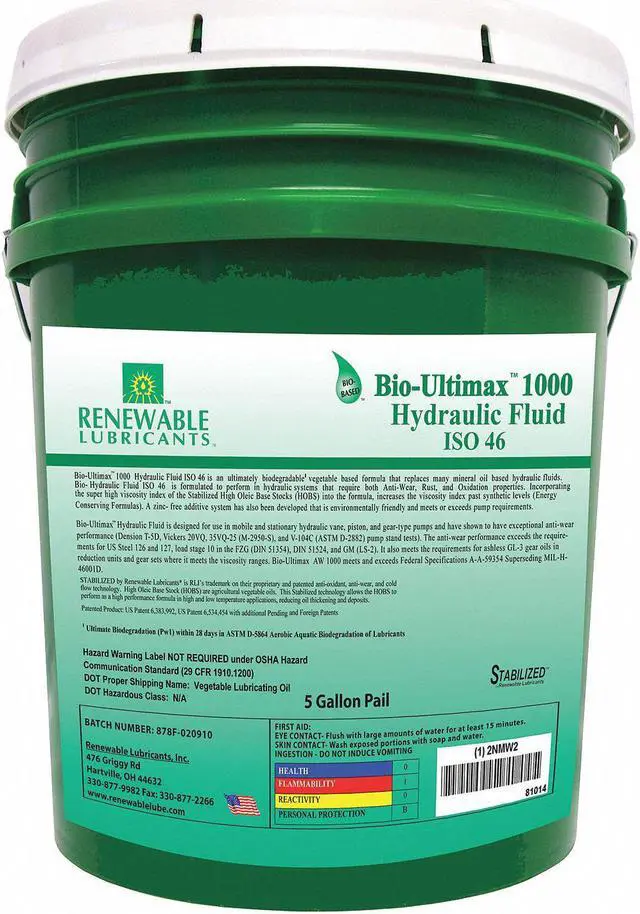 Alt view image 3 of 4 - Vegetable Oil Hydraulic Oil, 5 gal. Pail, ISO Viscosity Grade : 46