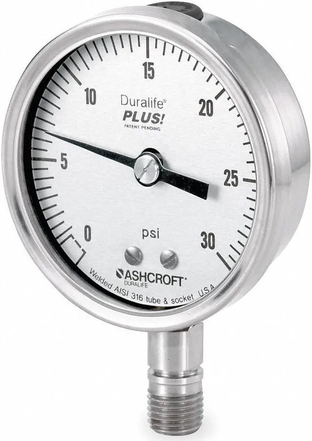 Main image of ASHCROFT 251009SW02LXLL30 Pressure Gauge, 0 to 30 psi, 1/4 in MNPT, Stainless