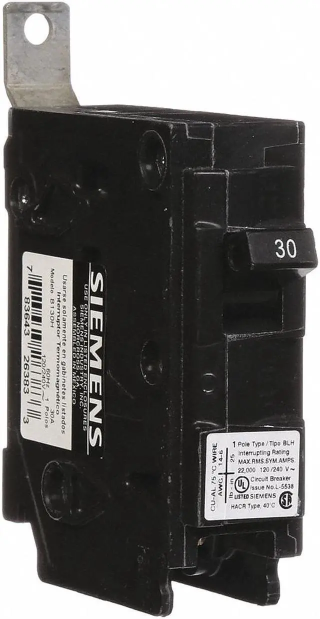 Main image of SIEMENS B130H Miniature Circuit Breaker, BL Series, 30A, 1 Pole, 120/240V AC,