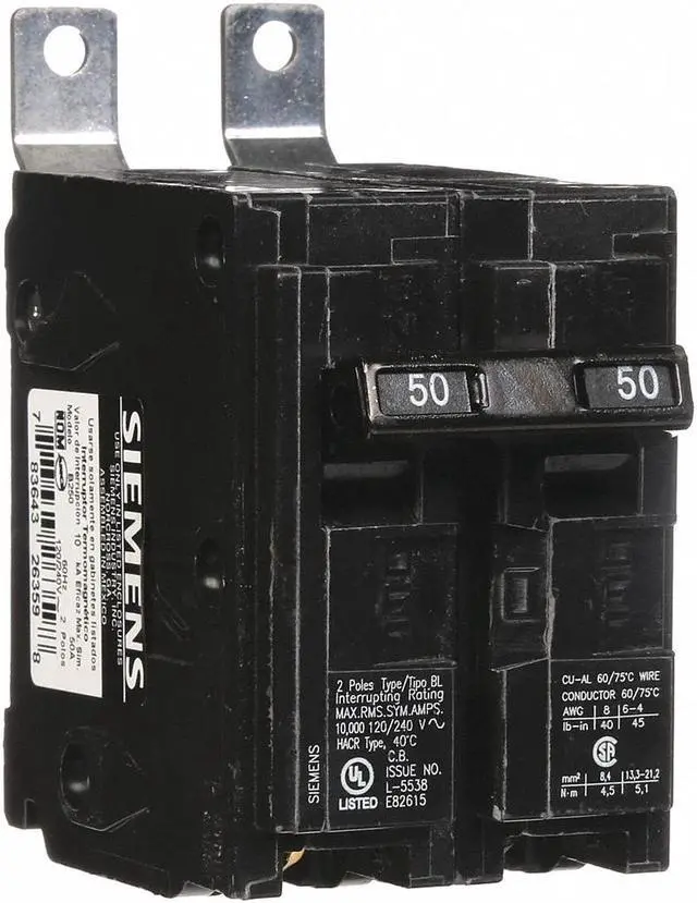 Alt view image 2 of 5 - SIEMENS B250 Miniature Circuit Breaker, BL Series, 50A, 2 Pole, 120/240V AC,