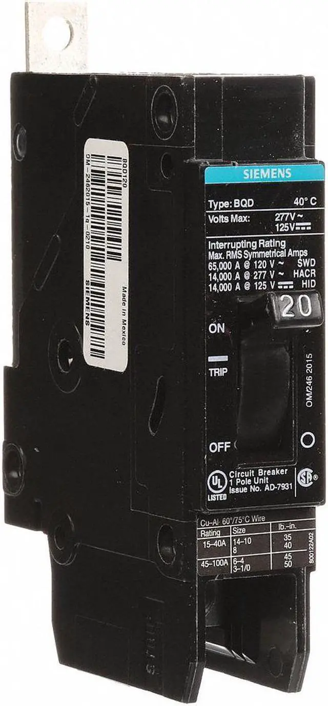 Main image of SIEMENS BQD120 Miniature Circuit Breaker, BQD Series, 20A, 1 Pole, 277V AC,