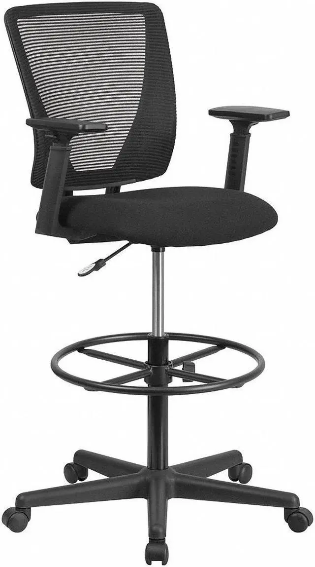 Alt view image 17 of 20 - Ergonomic Mid-Back Mesh Drafting Chair with Black Fabric Seat, Adjustable Foot Ring and Adjustable Arms
