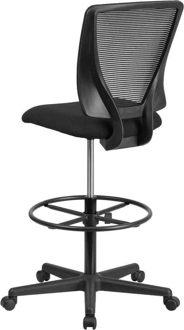 Alt view image 2 of 20 - Ergonomic Mid-Back Mesh Drafting Chair with Black Fabric Seat and Adjustable Foot Ring