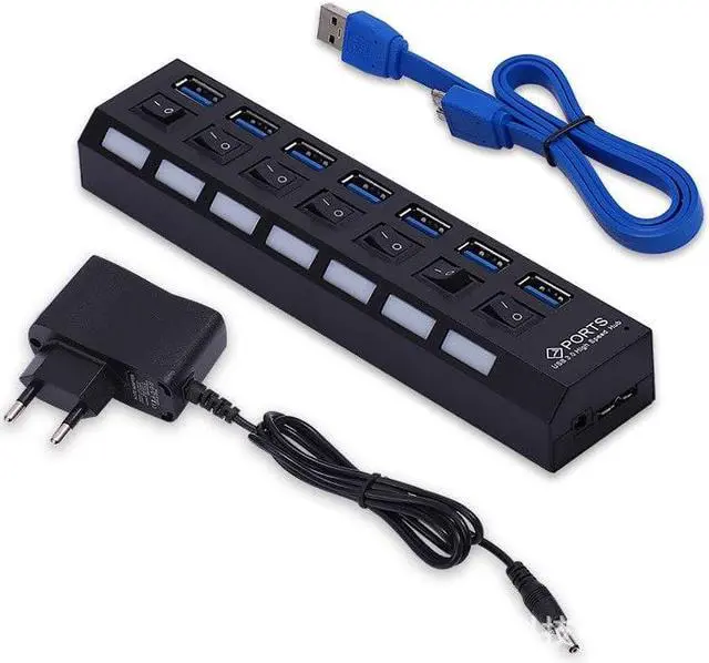Alt view image 5 of 5 - USB 3.0 Hub High Speed 7 Port USB3.0 Hub with EU/US Power Adapter Multi USB Splitter On/Off Switch for MacBook Laptop PC