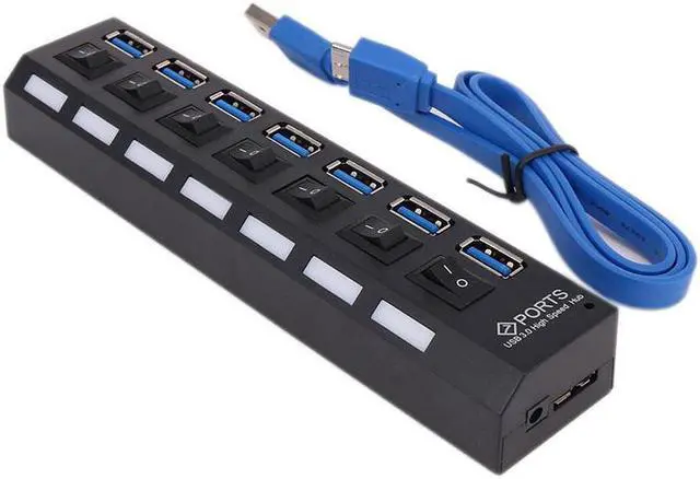 Alt view image 3 of 5 - USB 3.0 Hub High Speed 7 Port USB3.0 Hub with EU/US Power Adapter Multi USB Splitter On/Off Switch for MacBook Laptop PC