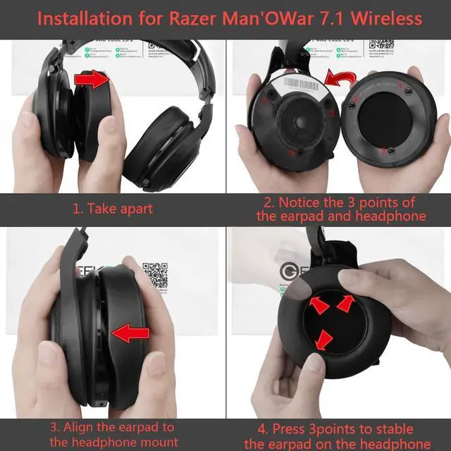 Alt view image 6 of 8 - Geekria QuickFit Protein Leather Replacement Ear Pads for Razer Man O' War 7.1 Wireless / Wired, Destiny 2 / Overwatch Tournament Edition Gaming Headphones Earpads, Headset Ear Cushion (Black)