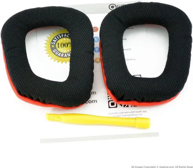 Alt view image 3 of 10 - Geekria Comfort Mesh Fabric Replacement Ear Pads for Logitech G35, G430, G432, G332, G930, F450 Headphones Ear Cushions, Headset Earpads, Ear Cups Repair Parts (Black Red)