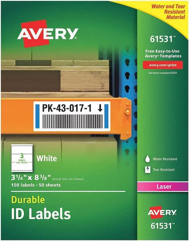 Alt view image 10 of 20 - Avery Durable ID Labels, TrueBlock Technology, Permanent Adhesive, 3-1/4" x 8-3/8", 150 Labels (61531)