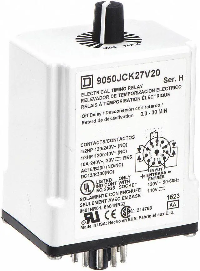 Main image of SCHNEIDER ELECTRIC 9050JCK27V20 Time Delay Rlay,120VAC,10A,DPDT,0.3 sec.