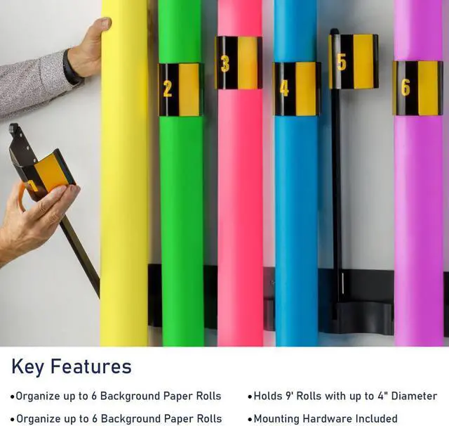 Alt view image 4 of 7 - Impact Seamless Paper Wall Rack, Magnetic Background Paper Roll Organizer for Up to 6 Rolls, Holds 9' Rolls with 4" Diameter, Aluminum Construction, Includes Mounting Hardware-Ideal for Studio, Office