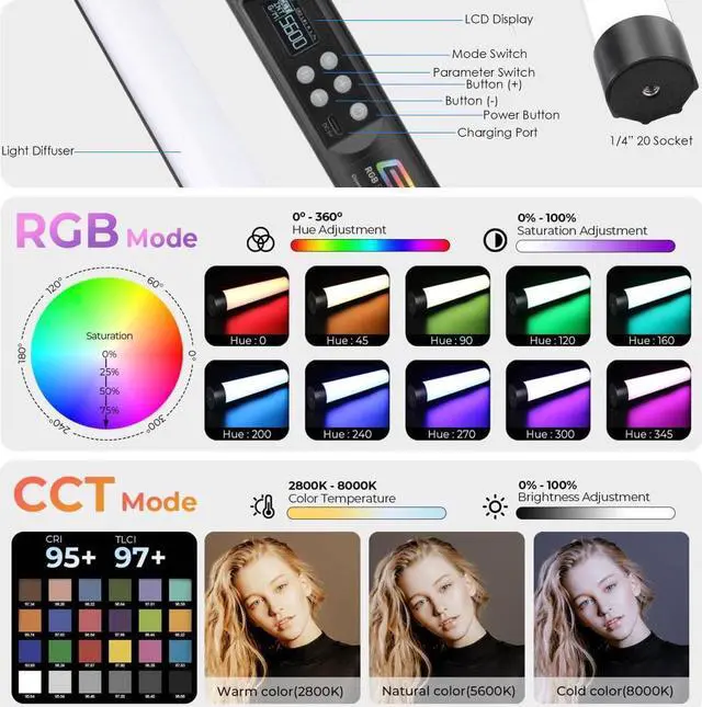 Alt view image 3 of 7 - Genaray RGB 1' Tube Light LED Full Color Portable Video Light w/ App Control, 2800 to 8000K CCT HSI Modes, 10 Lighting & 7 Pixel Effects, CRI 96, TLCI 99, Li-Ion Battery, Passive Cooling, 103 Lux