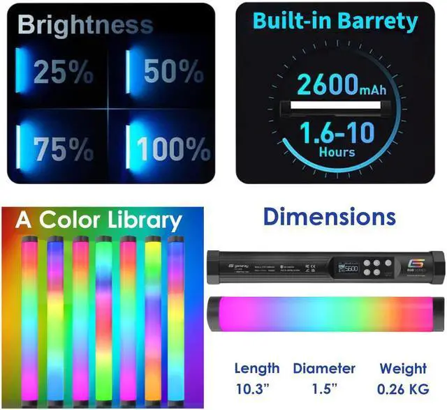 Alt view image 2 of 7 - Genaray RGB 2' Tube Light LED Full Color Portable Video Light w/ App Control, 2800 to 8000K CTC HSI Modes, 10 Lighting & 7 Pixel Effects, CRI 96, TLCI 99, Li-Ion Battery, Passive Cooling, 368 Lux