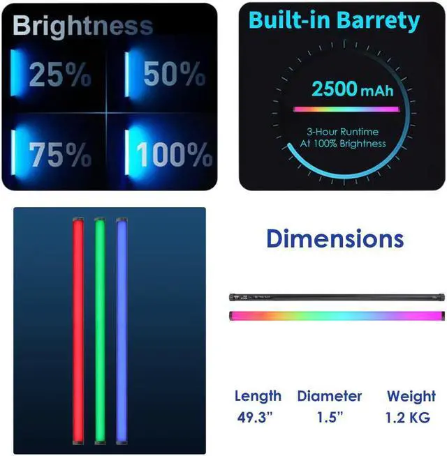 Alt view image 2 of 7 - Genaray RGB 4' Tube Light LED Full Color Portable Video Light w/ App Control, 2800 to 8000K CTC HSI Modes, 10 Lighting & 7 Pixel Effects, CRI 96, TLCI 99, Li-Ion Battery, Passive Cooling, 635 Lux