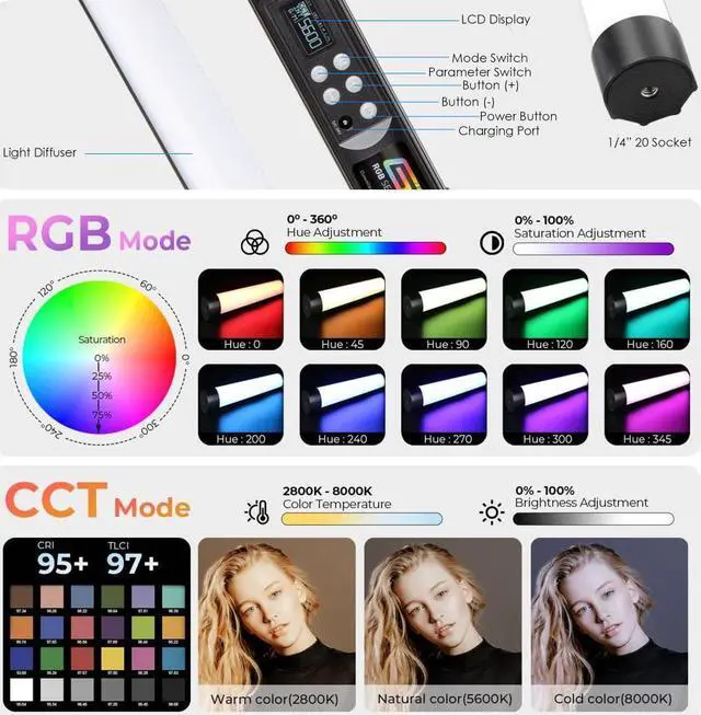 Alt view image 3 of 7 - Genaray RGB 4' Tube Light LED Full Color Portable Video Light w/ App Control, 2800 to 8000K CTC HSI Modes, 10 Lighting & 7 Pixel Effects, CRI 96, TLCI 99, Li-Ion Battery, Passive Cooling, 635 Lux