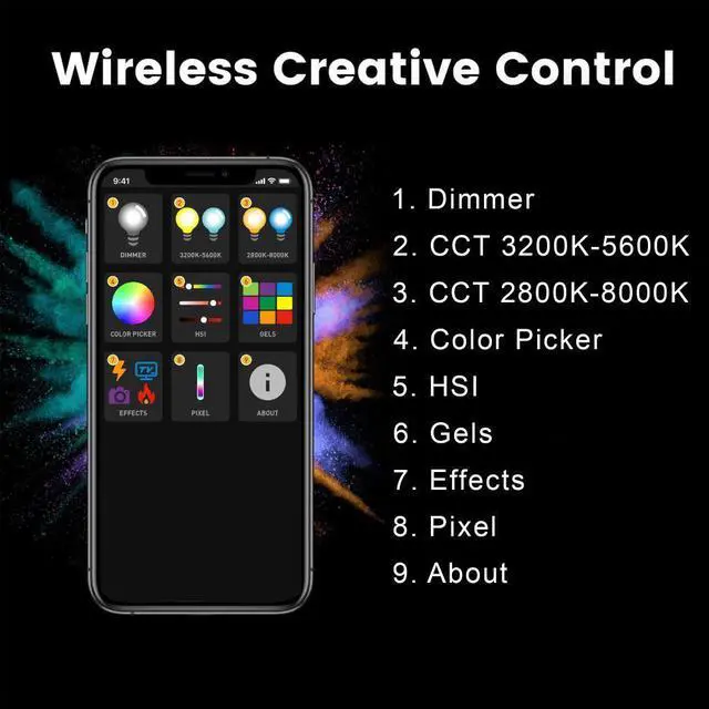 Alt view image 5 of 7 - Genaray RGB 4' Tube Light LED Full Color Portable Video Light w/ App Control, 2800 to 8000K CTC HSI Modes, 10 Lighting & 7 Pixel Effects, CRI 96, TLCI 99, Li-Ion Battery, Passive Cooling, 635 Lux