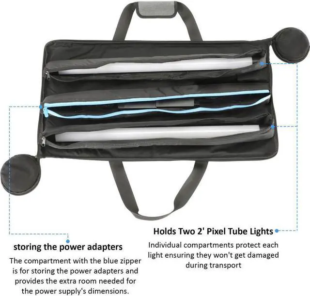 Alt view image 4 of 7 - Genaray RGB Pixel LED Tube Carry Bag Stores 2 of 2' Lights, Water Resistant Cordura Fabric, Protective & Durable with Separate Padded Pocket for Each Light , Padded Handle Wrap & Power Adapters