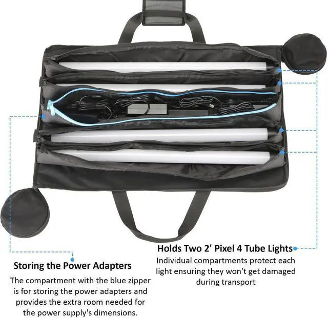 Alt view image 4 of 7 - Genaray RGB Pixel LED Tube Carry Bag Stores 4 of 2' Lights, Water Resistant Cordura Fabric, Protective & Durable with Separate Padded Pocket for Each Light , Padded Handle Wrap & Power Adapters