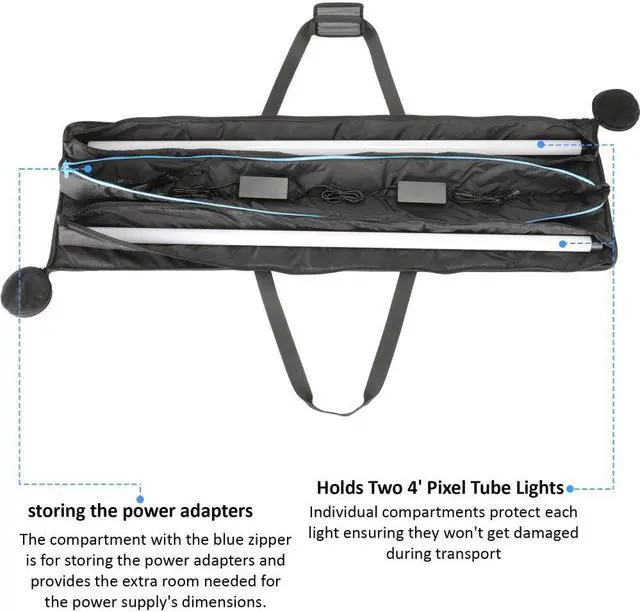 Alt view image 4 of 7 - Genaray RGB Pixel LED Tube Carry Bag Stores 2 of 4' Lights, Water Resistant Cordura Fabric, Protective & Durable with Separate Padded Pocket for Each Light , Padded Handle Wrap & Power Adapters