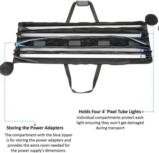 Alt view image 4 of 7 - Genaray RGB Pixel LED Tube Carry Bag Stores 4 of 4' Lights, Water Resistant Cordura Fabric, Protective & Durable with Separate Padded Pocket for Each Light , Padded Handle Wrap & Power Adapters