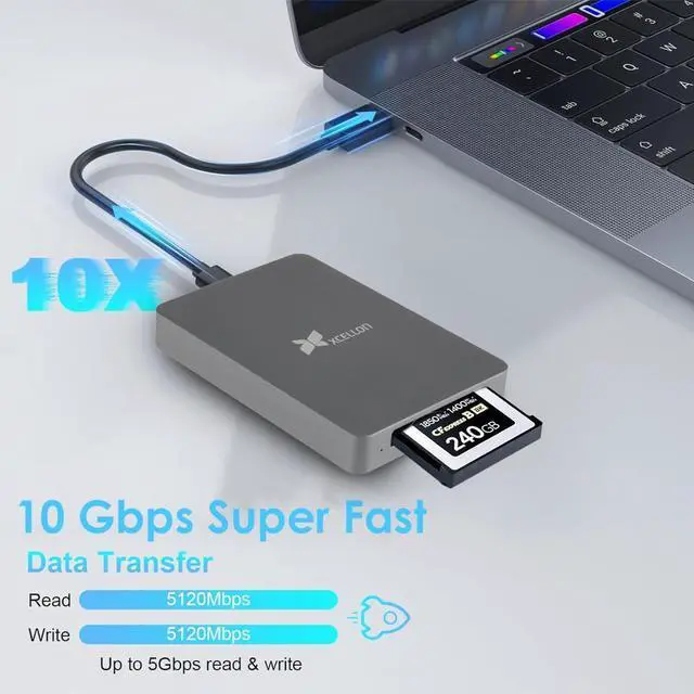 Alt view image 3 of 7 - Xcellon CFexpress Type B Card Reader USB 3.2 Gen 2 10Gbps CFexpress Card Reader, Memory Card Reader w USB C to USB C/USB A Cable, Plug-and-Play, Aluminum Enclosure, Push Lock n Security LED Indicator