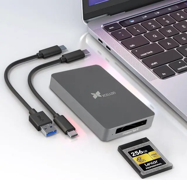 Main image of Xcellon CFexpress Type B Card Reader USB 3.2 Gen 2 10Gbps CFexpress Card Reader, Memory Card Reader w USB C to USB C/USB A Cable, Plug-and-Play, Aluminum Enclosure, Push Lock n Security LED Indicator