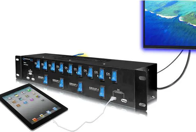 Alt view image 3 of 7 - Technical Pro Rack Mount 1800 Watts 17 Outlet Power Supply Surge Protector with 5V USB Charging Ports,13 power switches USB Work Light Included, Use for DJ, PA, karaoke, studio and home