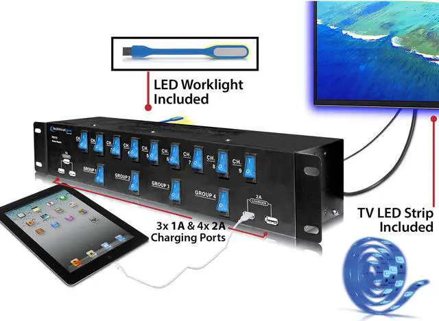 Alt view image 4 of 7 - Technical Pro Rack Mount 1800 Watts 17 Outlet Power Supply Surge Protector with 5V USB Charging Ports,13 power switches USB Work Light Included, Use for DJ, PA, karaoke, studio and home