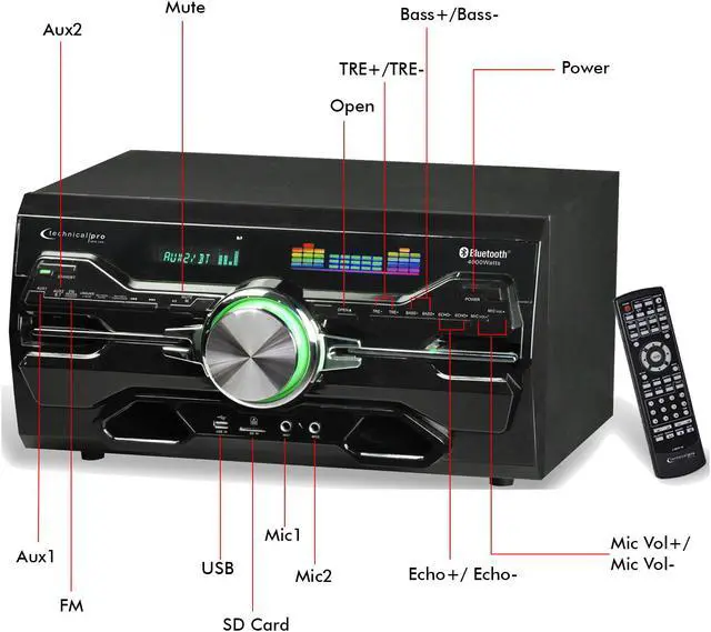 Alt view image 5 of 11 - Technical Pro, Professional Bluetooth Home Audio Receiver with Built-in DVD Player, Dual 1/4'' Mic & USB SD Inputs,Volume & Echo Controls, 4000 watts, Remote Included, for Karaoke, Party's & More
