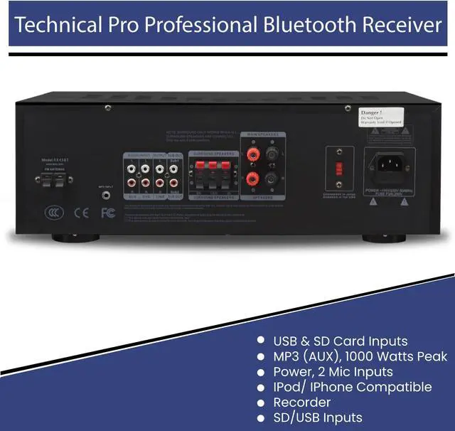 Alt view image 3 of 11 - Technical Pro 1000 Watts Professional Bluetooth Receiver with USB & SD Card Inputs, 2 Mic Inputs, Recorder, SD/USB Inputs, Wireless Remote