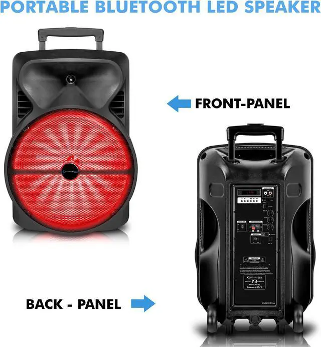Alt view image 2 of 7 - Rechargeable 12" Portable Bluetooth LED Speaker with USB / SD Card, 1/4'' Microphone Inputs, Top and Side Carry Handles and Wheels