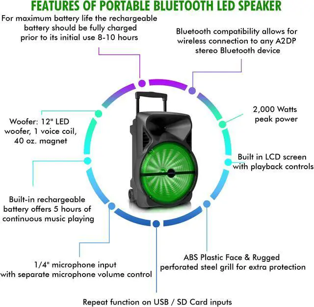 Alt view image 4 of 7 - Rechargeable 12" Portable Bluetooth LED Speaker with USB / SD Card, 1/4'' Microphone Inputs, Top and Side Carry Handles and Wheels