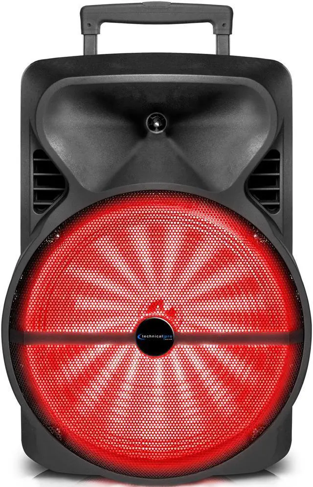 Main image of Rechargeable 12" Portable Bluetooth LED Speaker with USB / SD Card, 1/4'' Microphone Inputs, Top and Side Carry Handles and Wheels