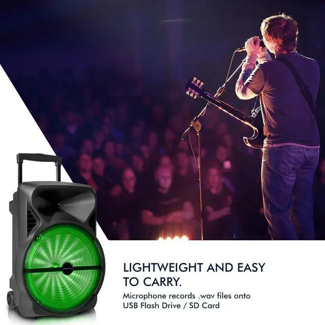 Alt view image 6 of 7 - Rechargeable 12" Portable Bluetooth LED Speaker with USB / SD Card, 1/4'' Microphone Inputs, Top and Side Carry Handles and Wheels