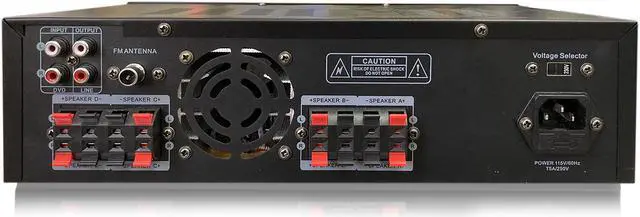 Alt view image 2 of 4 - Technical Pro 1600 Watts, 4 Channel, 8 Speaker Bluetooth Receiver with RCA, USB, SD Card, AUX and 2 Mic Inputs, Playback Controls, Fluorescent Display, for Home Speakers, Theater System, Karaoke