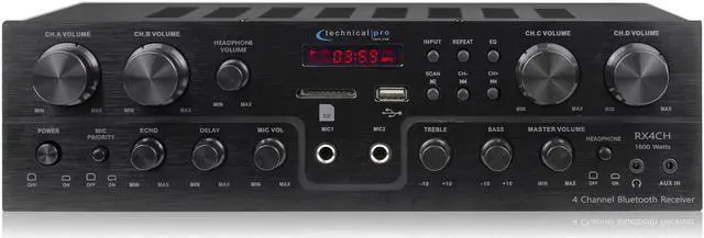 Main image of Technical Pro 1600 Watts, 4 Channel, 8 Speaker Bluetooth Receiver with RCA, USB, SD Card, AUX and 2 Mic Inputs, Playback Controls, Fluorescent Display, for Home Speakers, Theater System, Karaoke