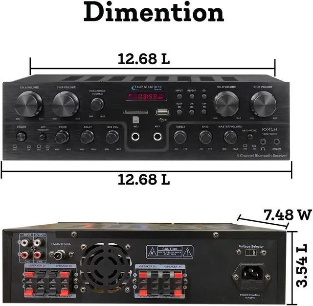 Alt view image 4 of 4 - Technical Pro 1600 Watts, 4 Channel, 8 Speaker Bluetooth Receiver with RCA, USB, SD Card, AUX and 2 Mic Inputs, Playback Controls, Fluorescent Display, for Home Speakers, Theater System, Karaoke