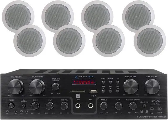 Main image of Technical Pro 4 Room 1000 Watts, 4 Channel Bluetooth Receiver With 4 Pairs of 2-Way Stereo Sound 6.5'' Wall Mount Speakers With Woofer/Tweeter, Flush Design for Home Speakers, Theater System, Karaoke