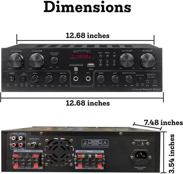 Alt view image 6 of 7 - Technical Pro 4 Room 1000 Watts, 4 Channel Bluetooth Receiver With 4 Pairs of 2-Way Stereo Sound 6.5'' Wall Mount Speakers With Woofer/Tweeter, Flush Design for Home Speakers, Theater System, Karaoke