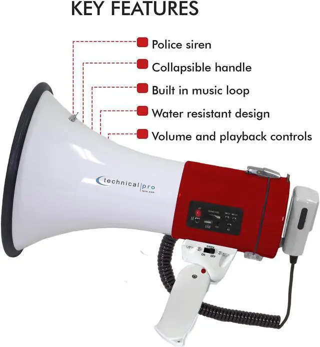 Alt view image 2 of 7 - Red Megaphone 75-Watt Siren Bullhorn - Bullhorn Speaker w/Detachable Microphone, Portable Lightweight Strap Detachable PA - Professional Outdoor Voice for Police & Cheer leading