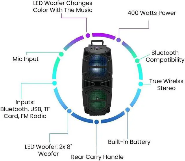 Alt view image 4 of 7 - 400-Watt Rechargeable Bluetooth Speaker - Dual 8" Colourful LED Woofers, USB Mode, SD Card, FM Radio, Mic Input for Perfect On-The-Go Karaoke, Party Nights by Technical Pro