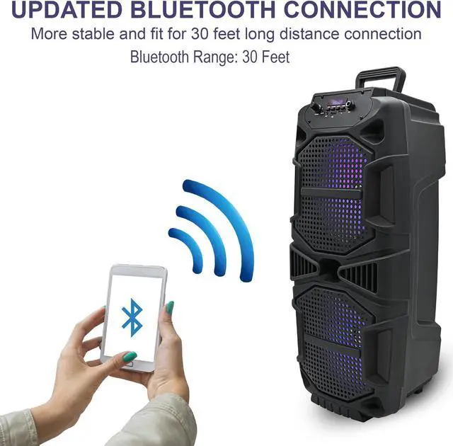 Alt view image 5 of 7 - 400-Watt Rechargeable Bluetooth Speaker - Dual 8" Colourful LED Woofers, USB Mode, SD Card, FM Radio, Mic Input for Perfect On-The-Go Karaoke, Party Nights by Technical Pro