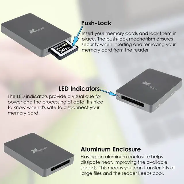 Alt view image 4 of 7 - Xcellon CFexpress Type B Card Reader USB 3.2 Gen 2 10Gbps CFexpress Card Reader, Memory Card Reader w USB C to USB C/USB A Cable, Plug-and-Play, Aluminum Enclosure, Push Lock n Security LED Indicator