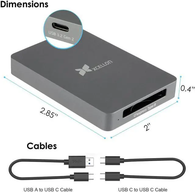 Alt view image 3 of 7 - Xcellon CFexpress Type B Card Reader USB 3.2 Gen 2 10Gbps CFexpress Card Reader, Memory Card Reader w USB C to USB C/USB A Cable, Plug-and-Play, Aluminum Enclosure, Push Lock n Security LED Indicator