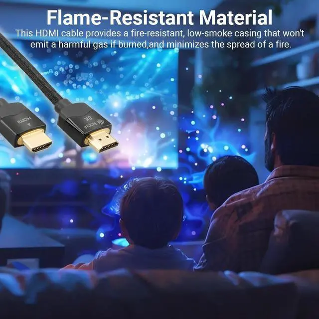 Alt view image 6 of 7 - 8K HDMI Cable, 6.6 ft  Premium Ultra High-Speed with 48 Gb/s bandwidth, triple-layer shielding, braided design, gold-plated connectors, flame-resistant  Ideal for UHD home theater and professional