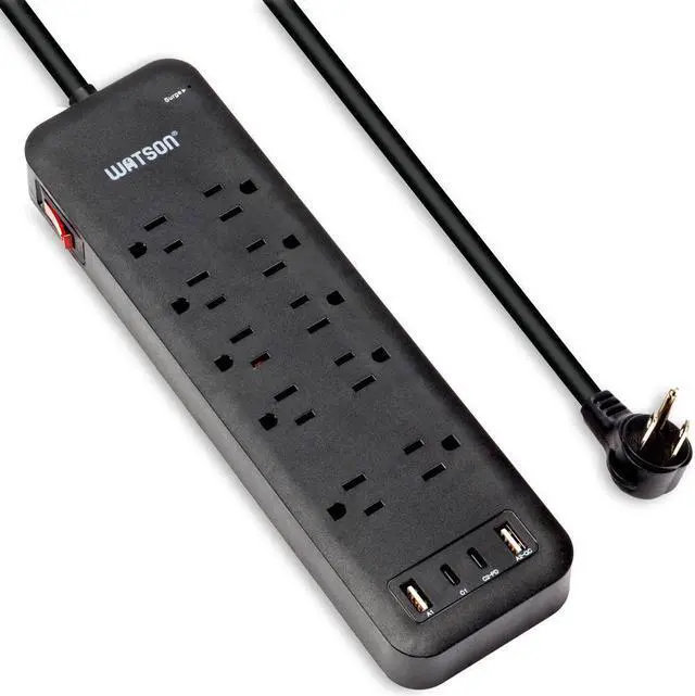 Main image of 10-Outlet Surge Protector with 2 USB-C & 2 USB-A Ports, 2450 Joules, 6' Cord, NEMA 5-15P Right-Angle Plug, Rear Wall Mounts, LED Indicator  High-Power Surge Protection for Home and Office Watson