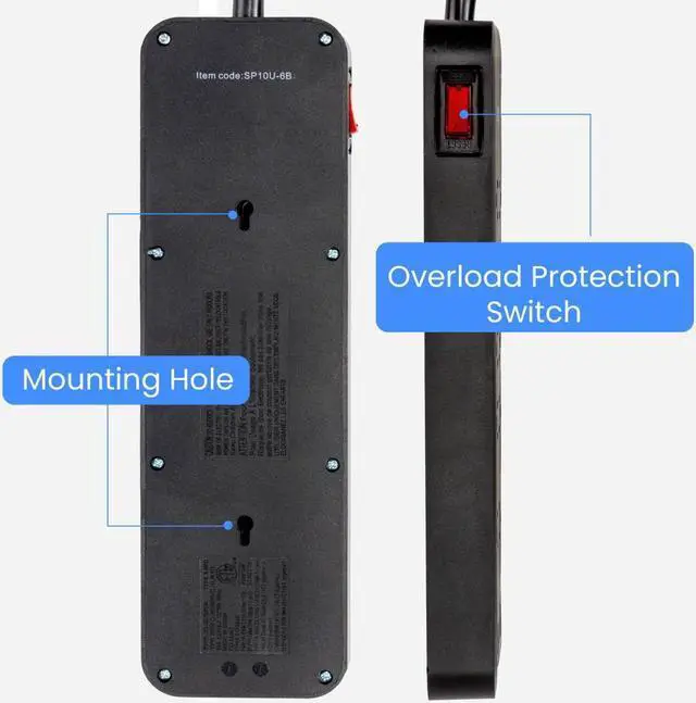 Alt view image 2 of 7 - 10-Outlet Surge Protector with 2 USB-C & 2 USB-A Ports, 2450 Joules, 6' Cord, NEMA 5-15P Right-Angle Plug, Rear Wall Mounts, LED Indicator  High-Power Surge Protection for Home and Office Watson