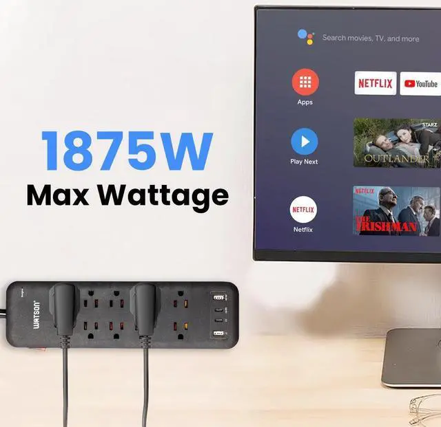 Alt view image 3 of 7 - 10-Outlet Surge Protector with 2 USB-C & 2 USB-A Ports, 2450 Joules, 6' Cord, NEMA 5-15P Right-Angle Plug, Rear Wall Mounts, LED Indicator  High-Power Surge Protection for Home and Office Watson