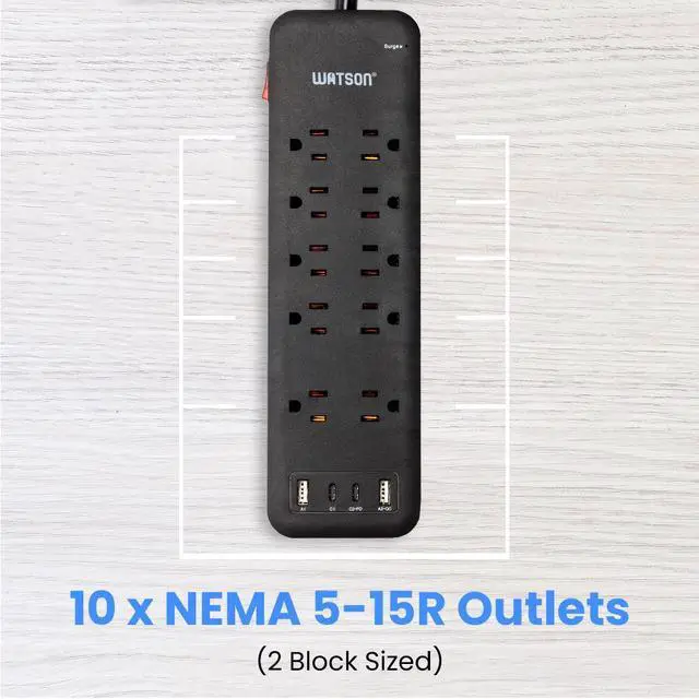 Alt view image 6 of 7 - 10-Outlet Surge Protector with 2 USB-C & 2 USB-A Ports, 2450 Joules, 6' Cord, NEMA 5-15P Right-Angle Plug, Rear Wall Mounts, LED Indicator  High-Power Surge Protection for Home and Office Watson