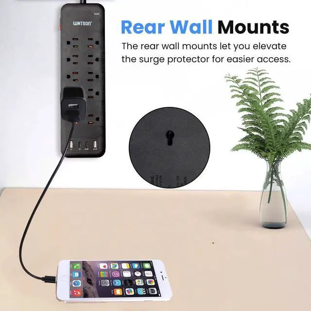 Alt view image 7 of 7 - 10-Outlet Surge Protector with 2 USB-C & 2 USB-A Ports, 2450 Joules, 6' Cord, NEMA 5-15P Right-Angle Plug, Rear Wall Mounts, LED Indicator  High-Power Surge Protection for Home and Office Watson